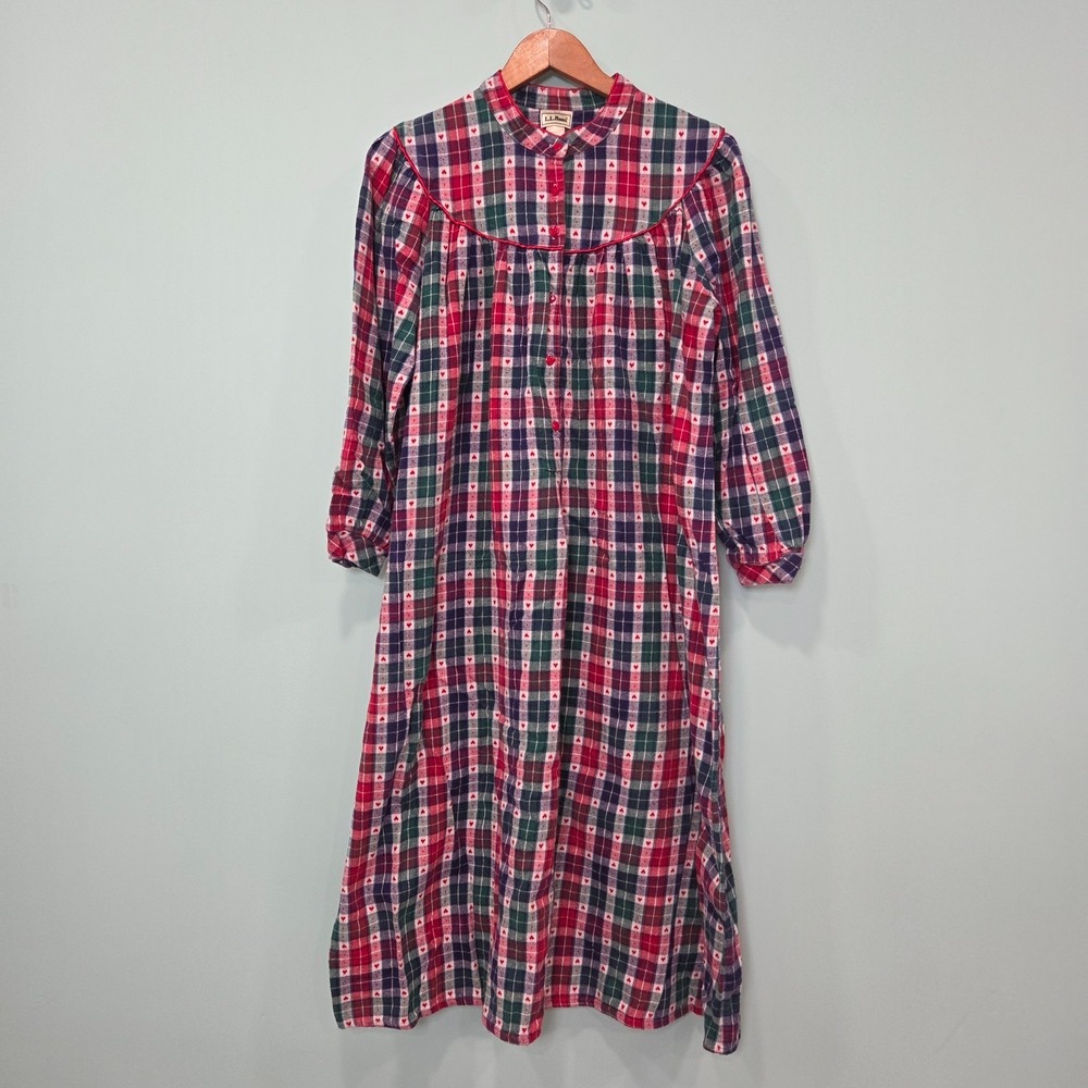 Vintage L.L. Bean Flannel Nightgown‎ Size S Plaid Hearts Red Green Cottagecore